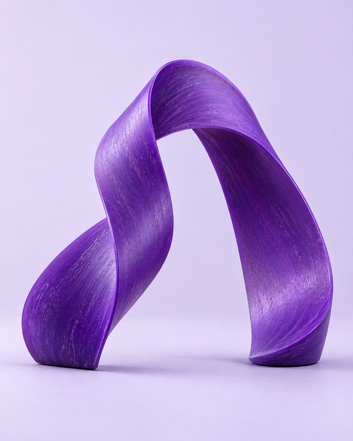 A sculptural purple ribbon forming an open, upward-reaching loop
